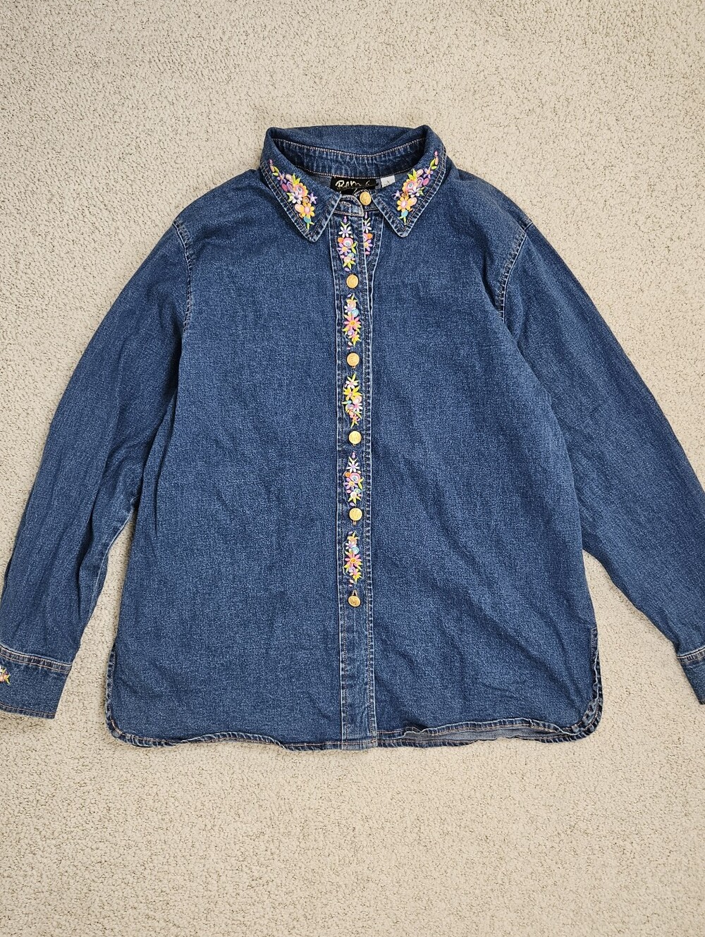 VTG Y2K Bob Mackie Wearable Art Embroidered Denim Shirt Maypole Floral Womens L - Picture 2 of 11
